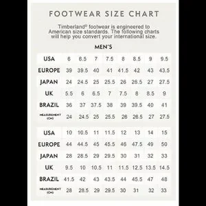 Size Chart Tabla De Tallas Timberland Sepatu Timberland Boots Inc